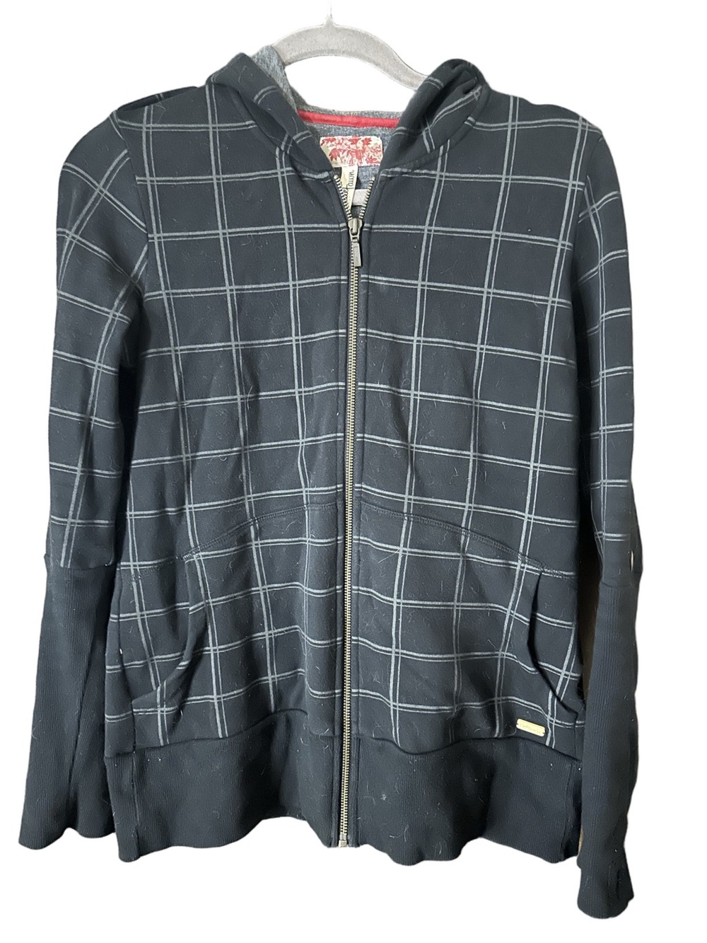 Gentle Fawn Black and Grey Check Plaid Hooded Zip-Up Jacket Size Large